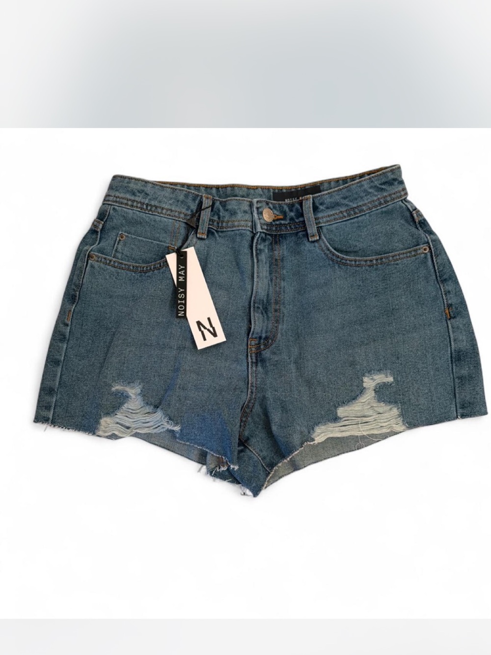Noisy May Distressed Dark Blue High-Rise Denim Shorts